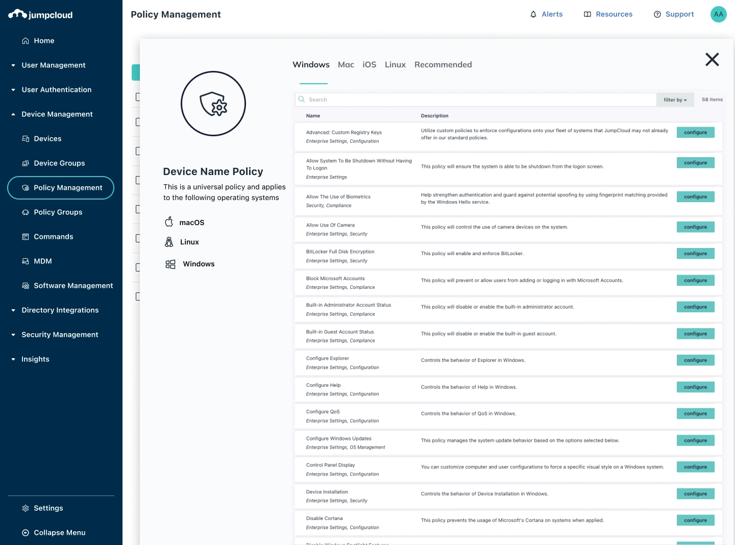 JumpCloud Patch Management, Policy management