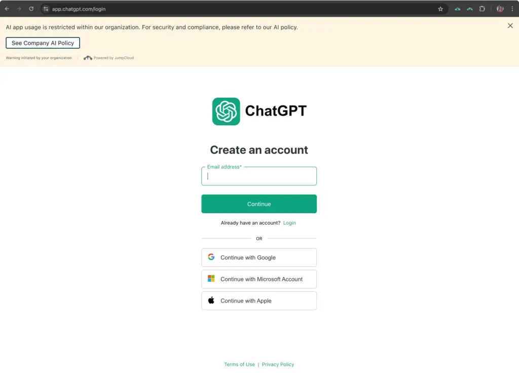 JumpCloud Saas Management, warning for unmanaged application